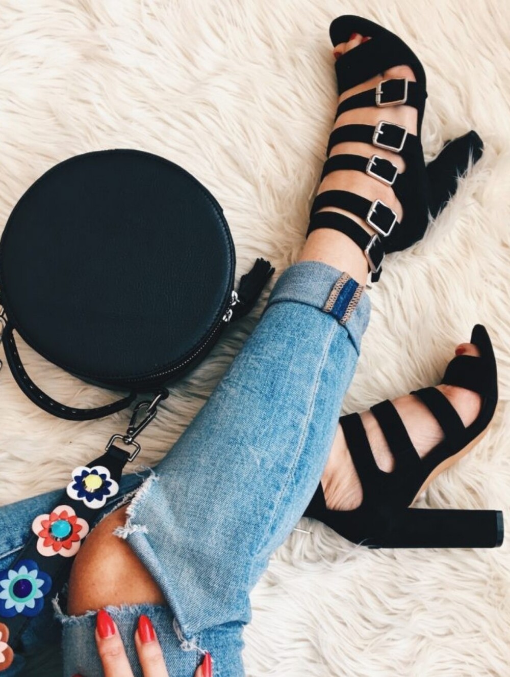 Sam Edelman Yasmina Black Suede Leather Strappy Buckled Block High Heels